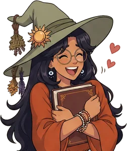 Lunair, the Bookish host, hugging a book